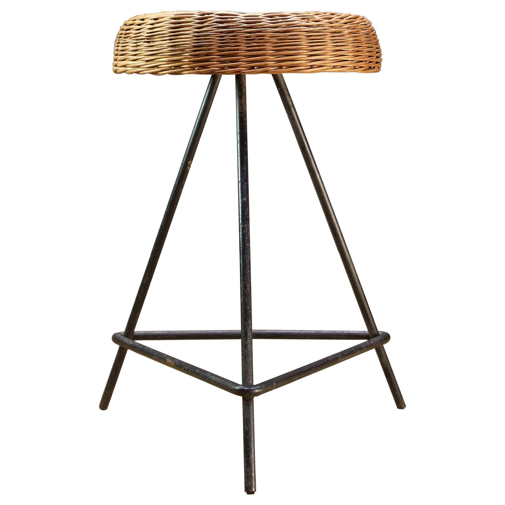 Cabin Modern Iron and Wicker Pedestal Stool Table Midcentury Decor Prop