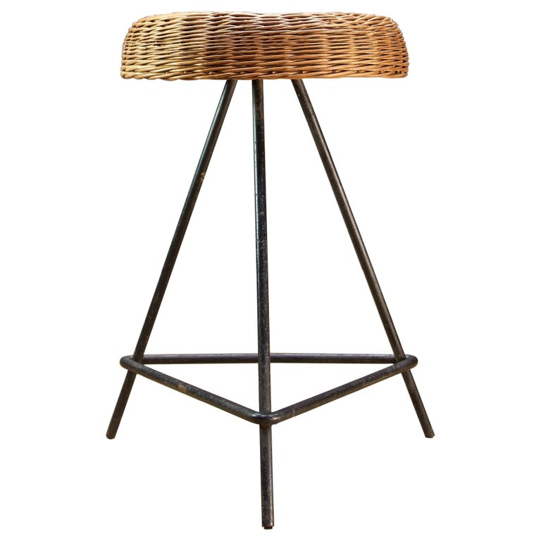 Cabin Modern Iron and Wicker Pedestal Stool Table Midcentury Decor Prop For Sale