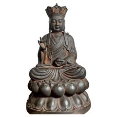 Vintage Iron Asian Kṣitigarbha Bodhisattva buddha Sitting on Lotus Statue