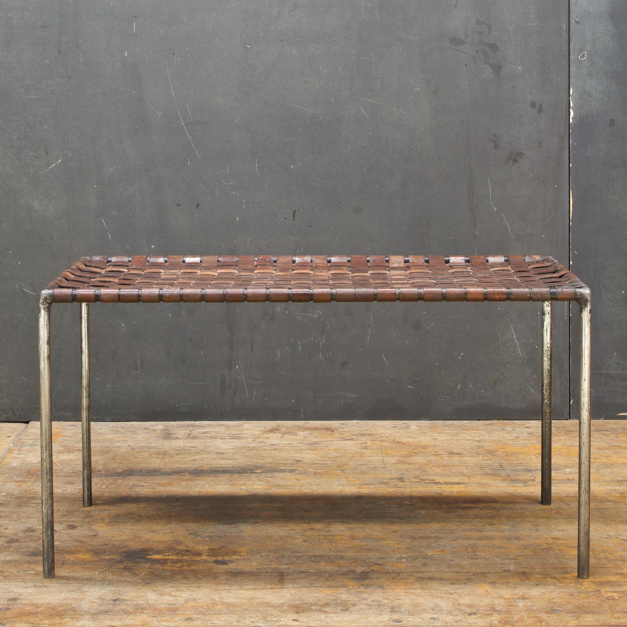 Mid-Century Modern Vintage Iron Braided Woven Leather Sling Bench Webbed Table Ottoman Swift Monell