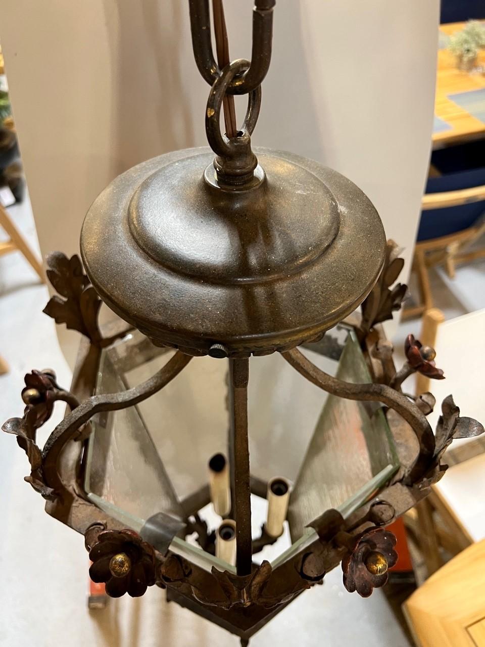 Vintage Iron Chandelier Lantern with 6 Bubble Glass Panels & Acanthus Leaves For Sale 9
