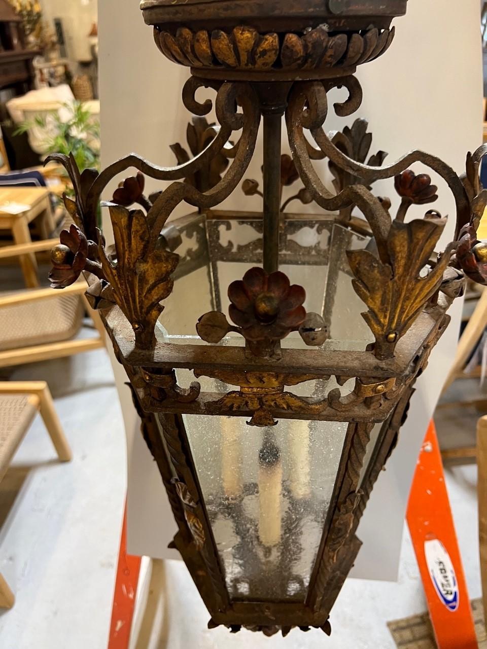 Vintage Iron Chandelier Lantern with 6 Bubble Glass Panels & Acanthus Leaves In Good Condition For Sale In Stamford, CT