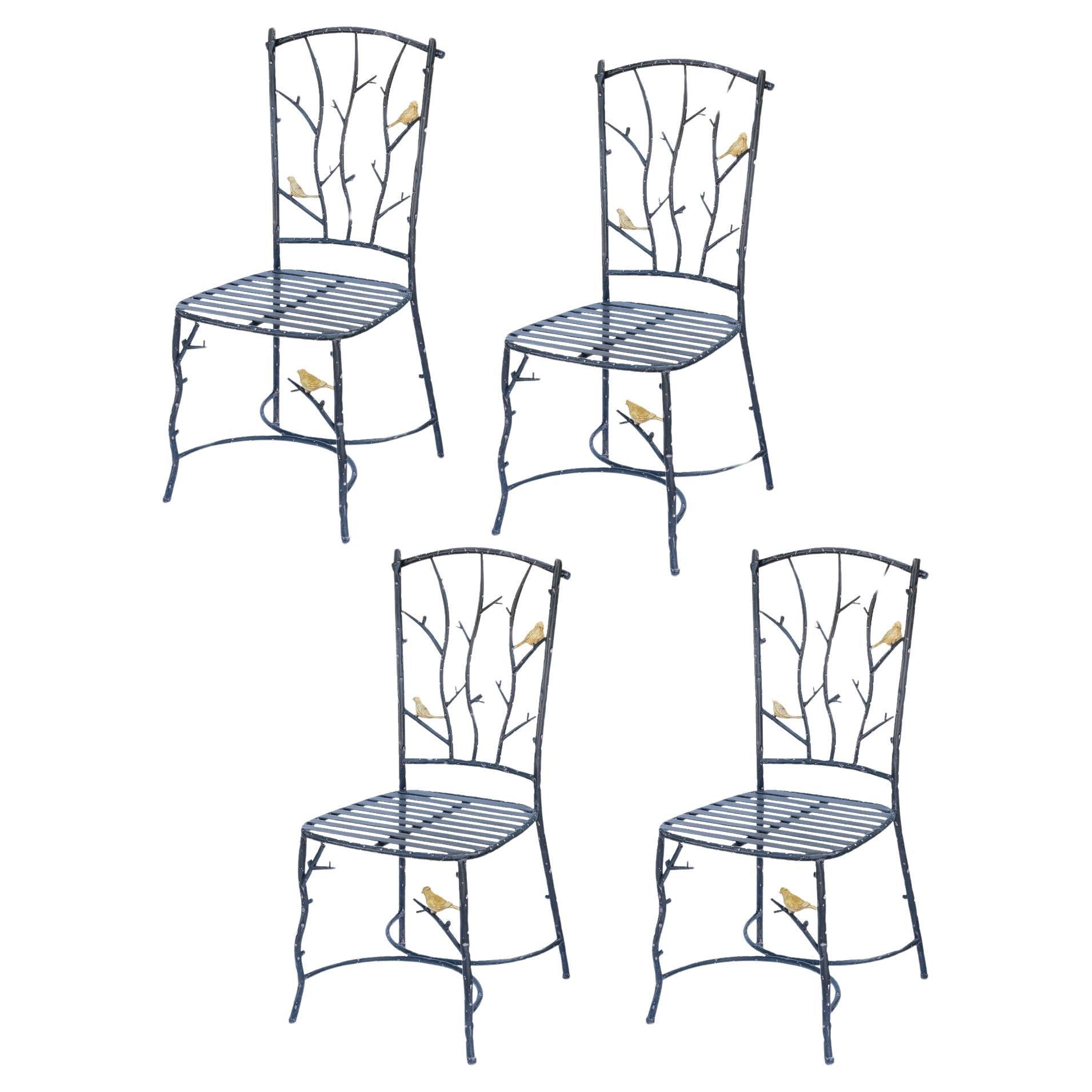 Chaises vintage en fer imitation bois avec oiseaux, lot de 4 en vente