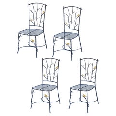 Chaises vintage en fer imitation bois avec oiseaux, lot de 4