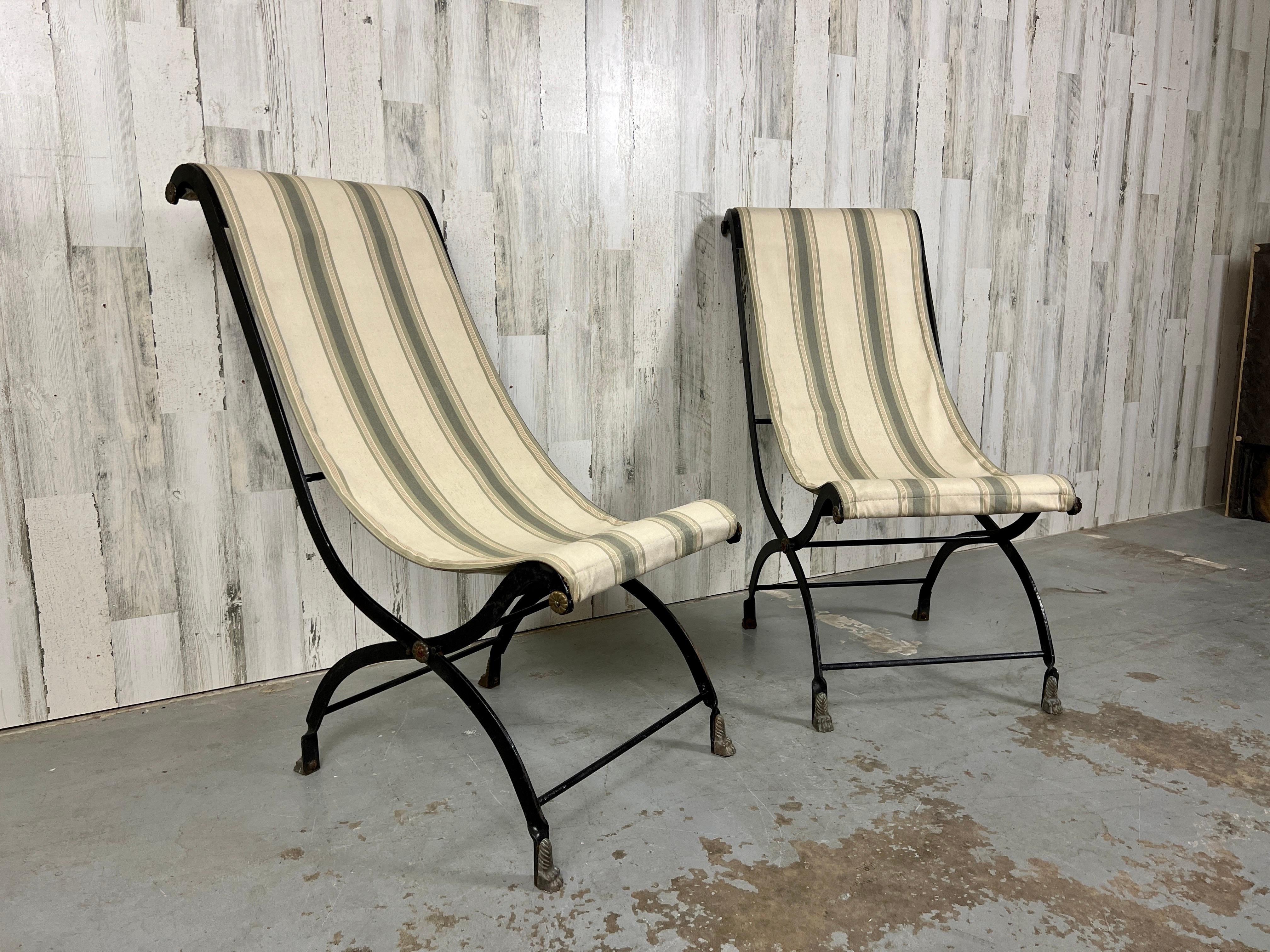 Vintage Iron Folding Sling Chairs  In Good Condition For Sale In Denton, TX