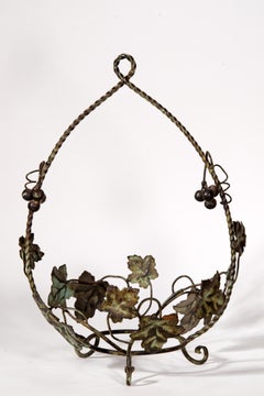 Vintage Iron Fruit Basket with Grape Leaves Decor, Italy 1950s-1960s
