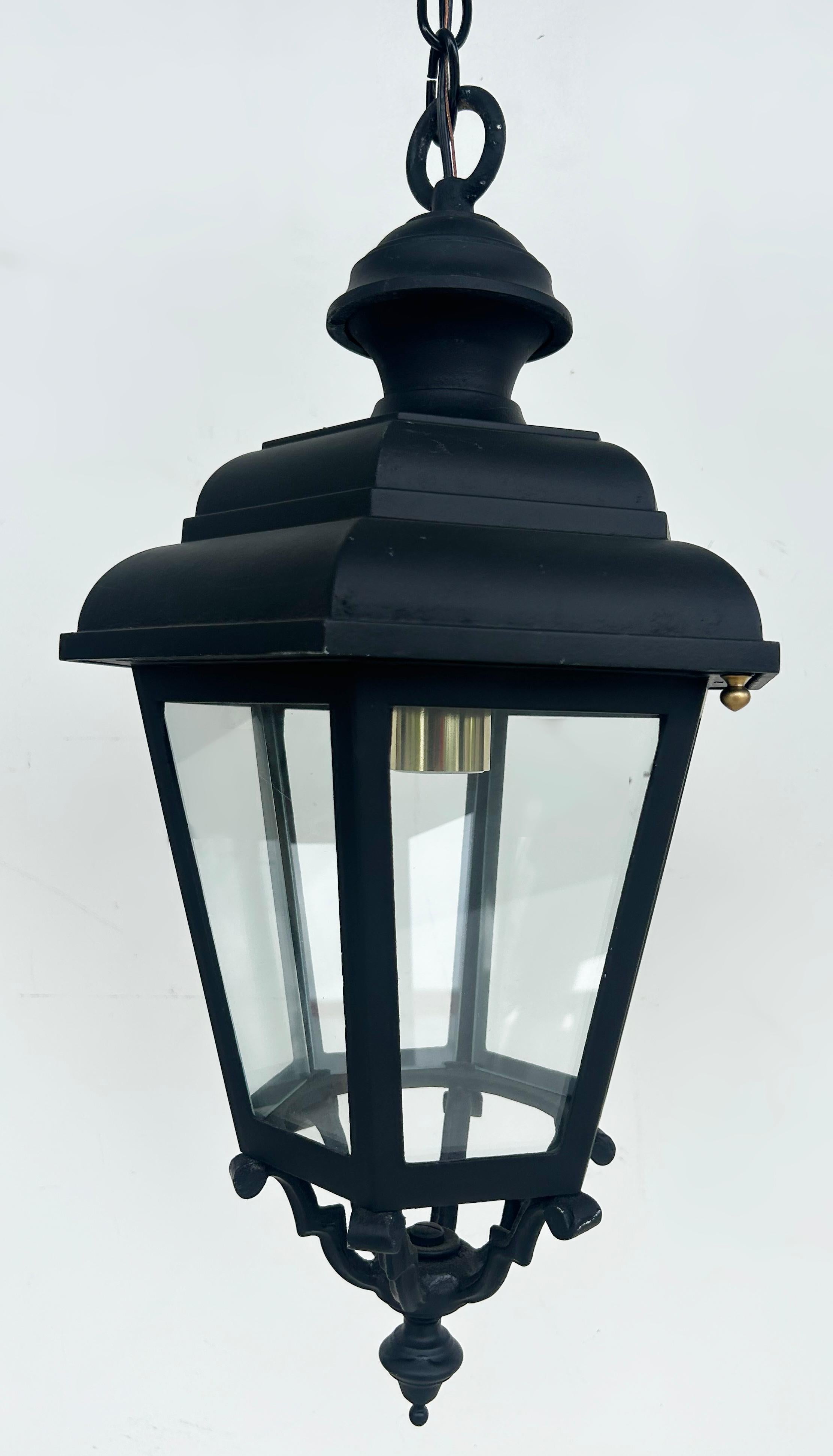 American Vintage Iron, Glass Exterior Pendant Lantern Light Fixture, Restored For Sale