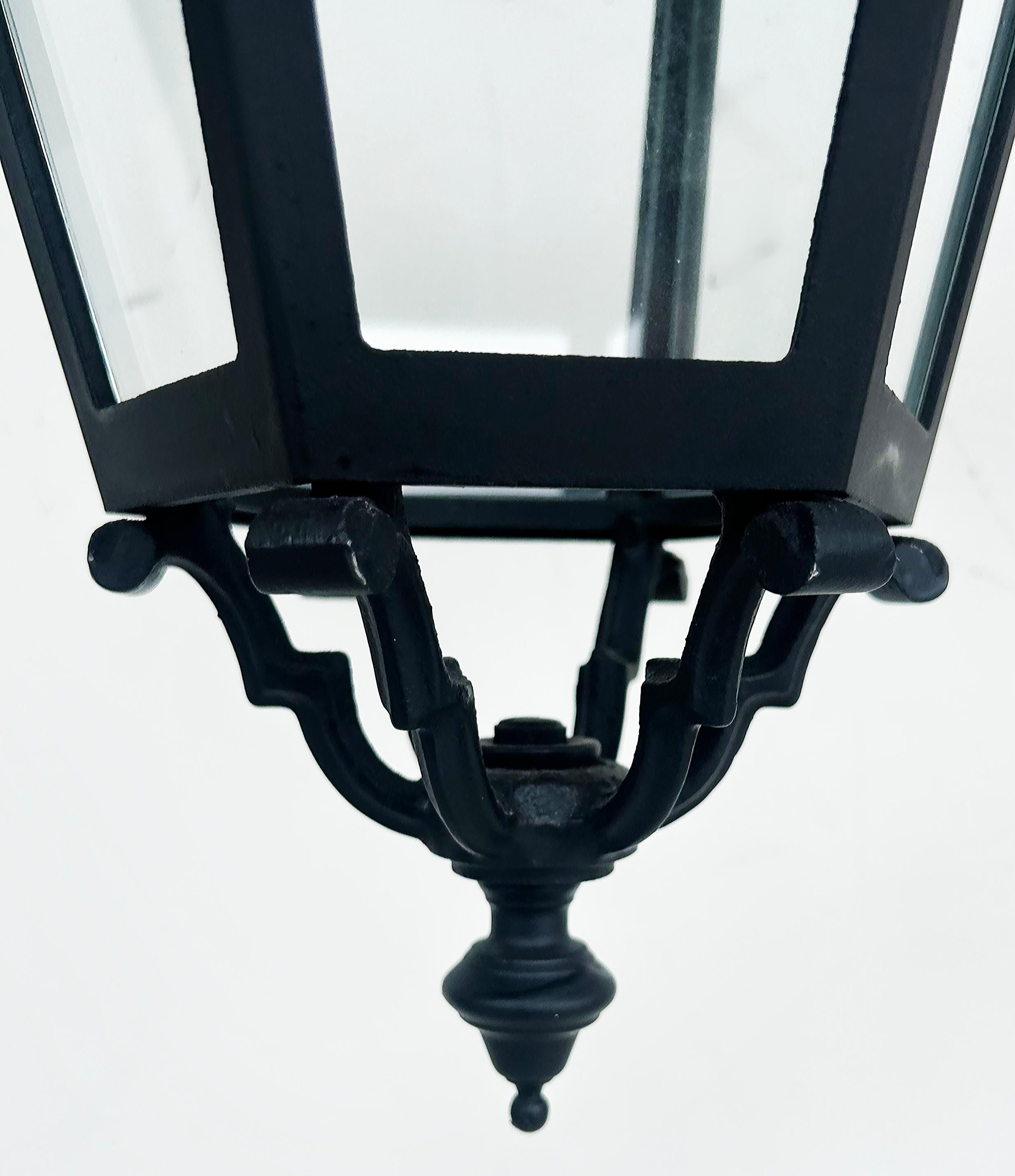 20th Century Vintage Iron, Glass Exterior Pendant Lantern Light Fixture, Restored For Sale