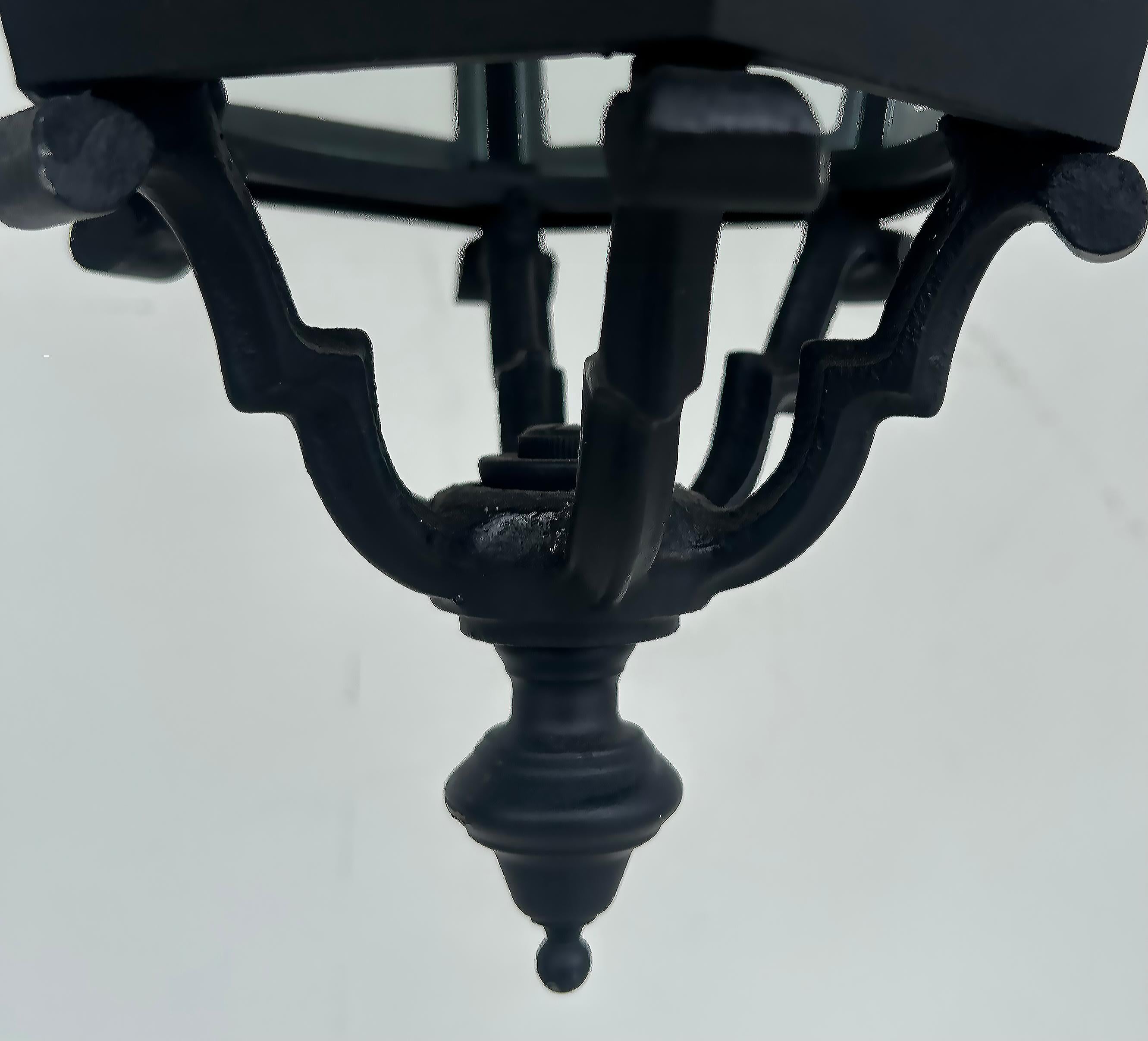 Metal Vintage Iron, Glass Exterior Pendant Lantern Light Fixture, Restored For Sale