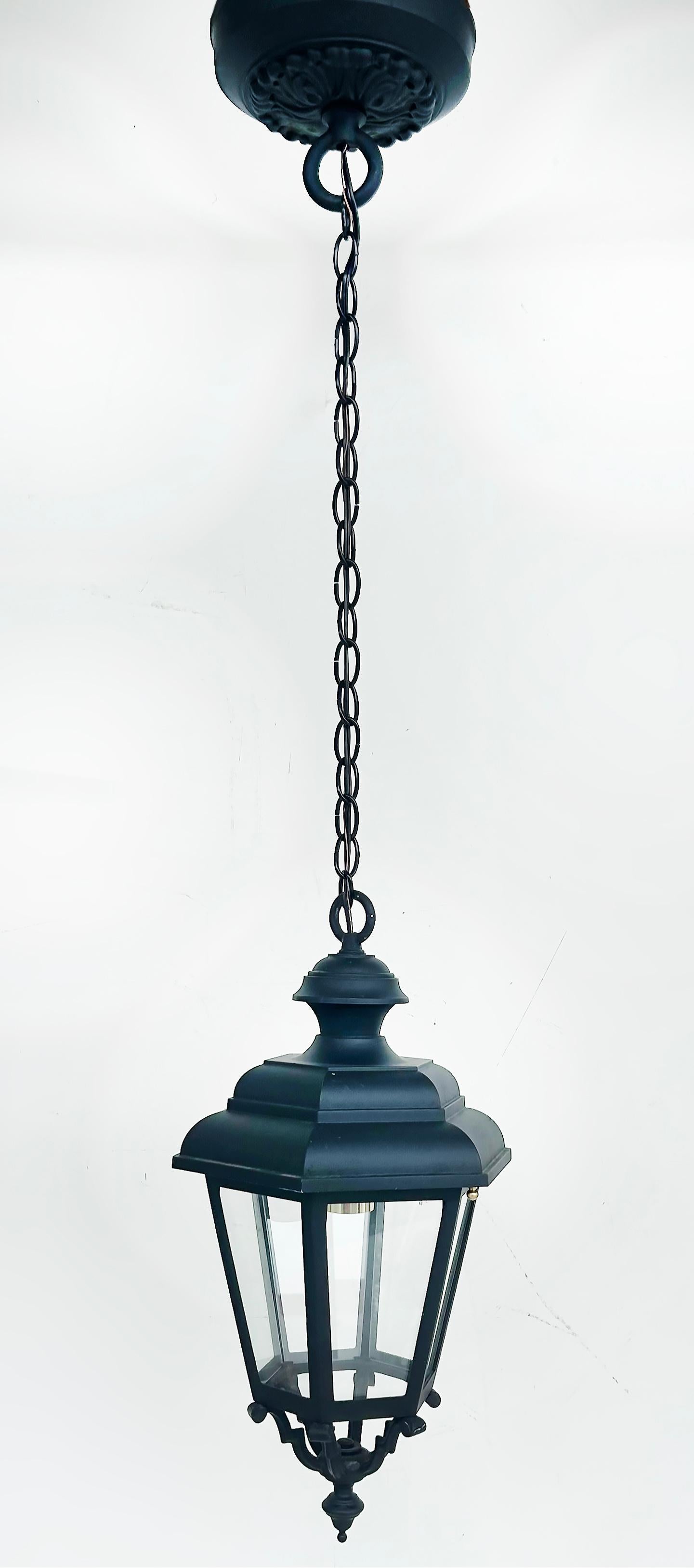 Vintage Iron, Glass Exterior Pendant Lantern Light Fixture, Restored For Sale 3