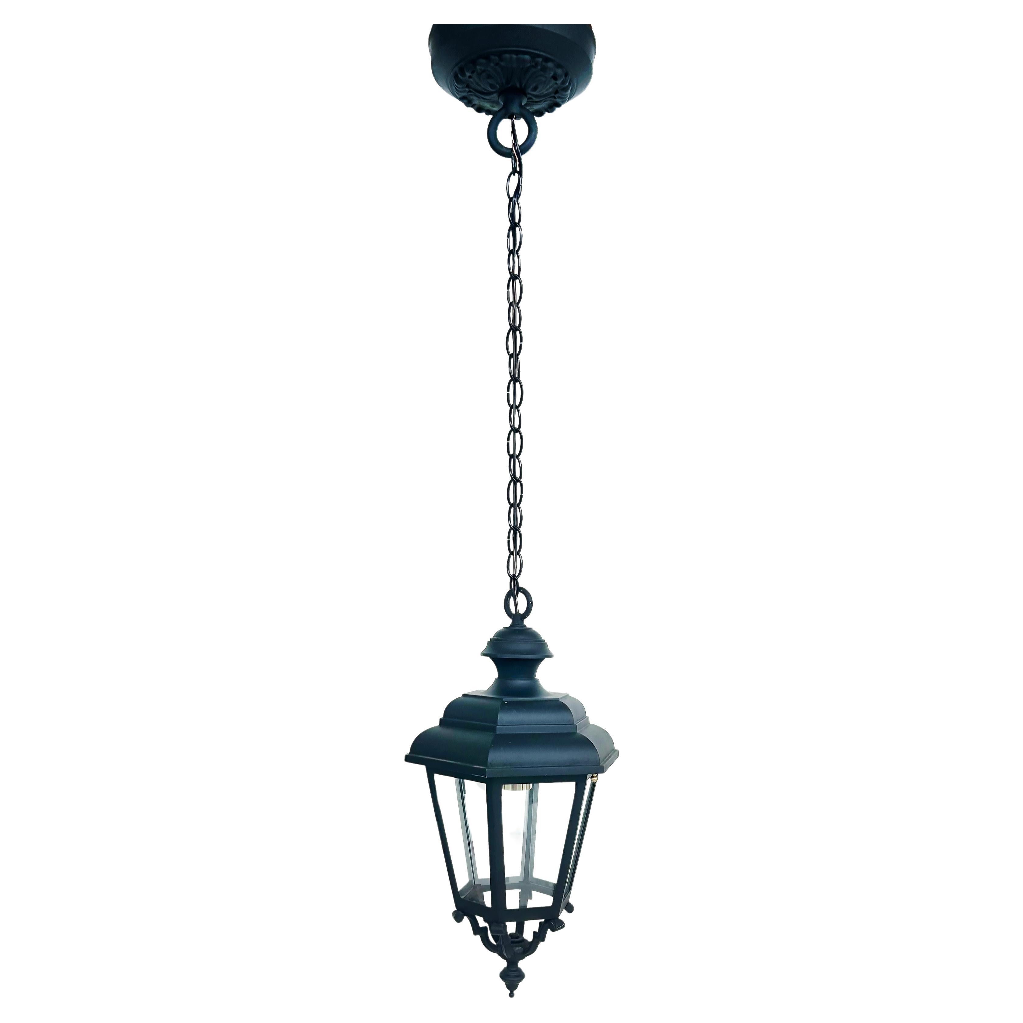 Vintage Iron, Glass Exterior Pendant Lantern Light Fixture, Restored For Sale