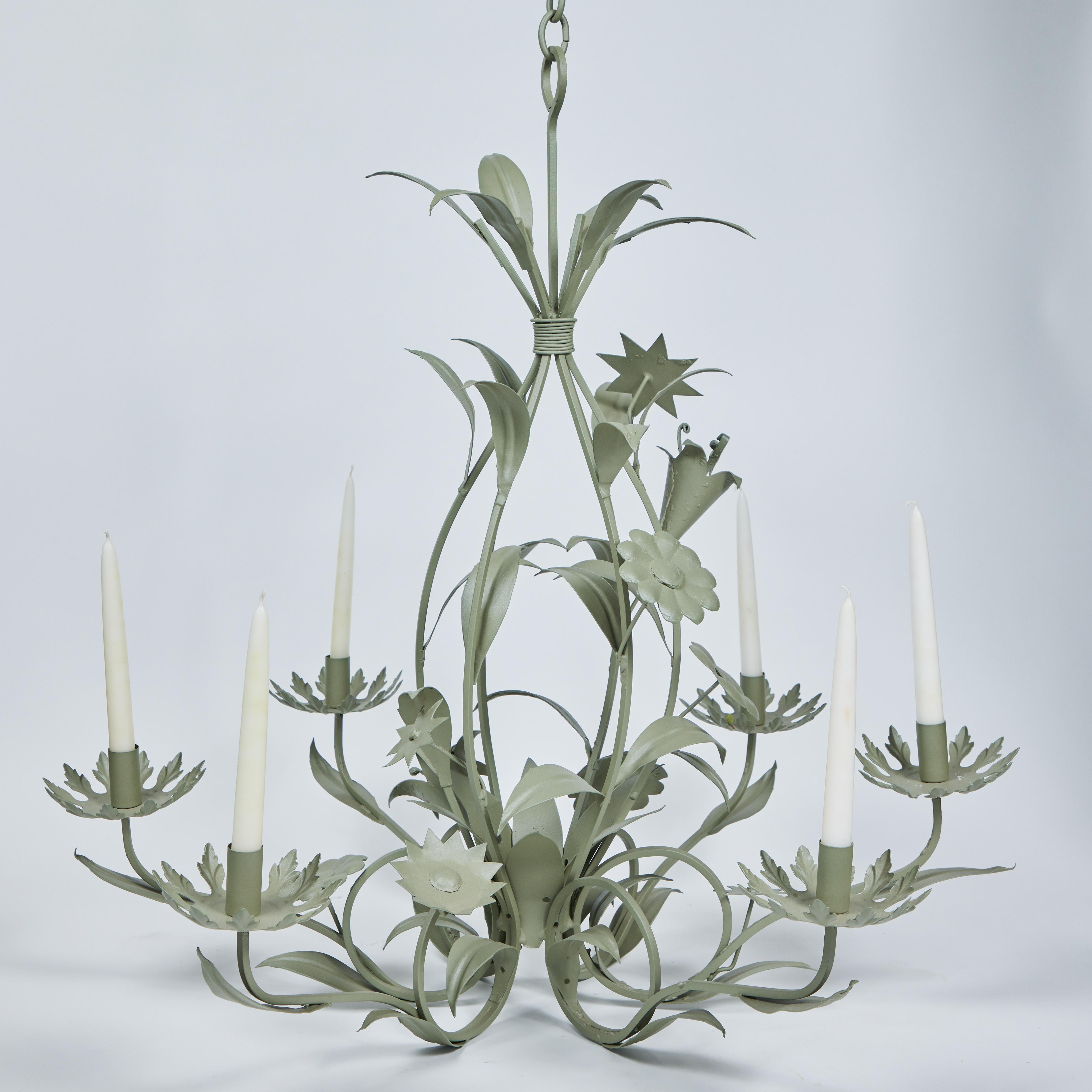 Light up your room with this eye-catching lovely vintage iron hanging candle chandelier comprised of ornamental flowers & leaves. This fixture has been newly powder coated in 'weathered green' and is an elegant addition to any dining room or