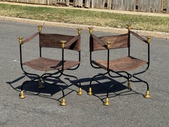 Vintage Iron Savonarola Style Italian Leather Sling Chair Set