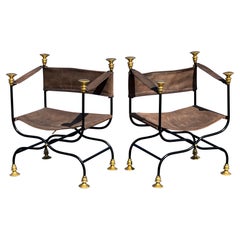 Vintage Iron Savonarola Style Italian Leather Sling Chair Set