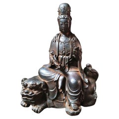 28cm Vintage Iron Statue of Samantabhadra Bodhisattva Sitting on a Lion