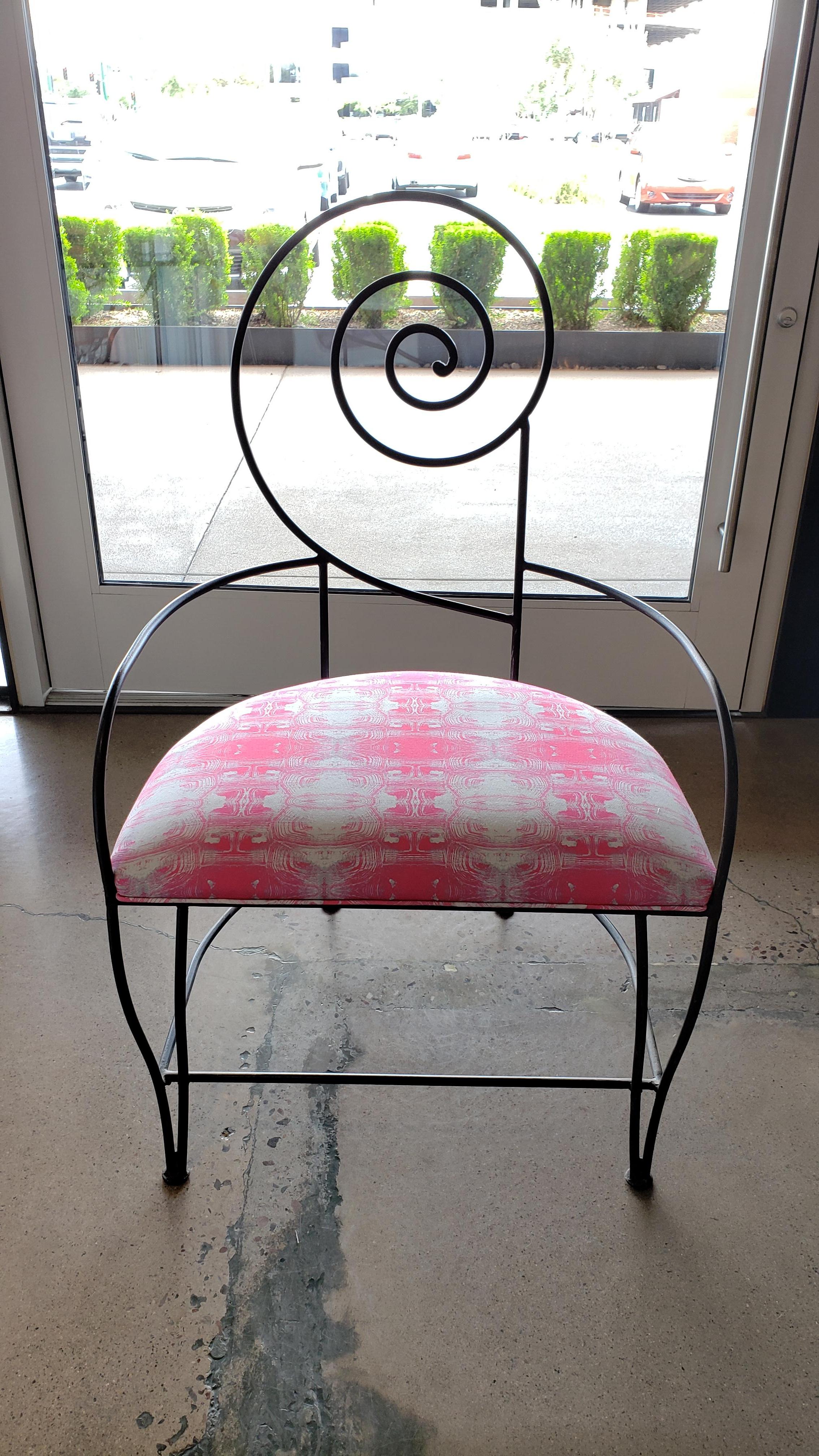 Newly reupholstered in pink tortoise root cellar indoor/outdoor fabric, these midcentury beauties have a wide and very comfortable seat base. Perfect for entertaining inside or outside- al fresco.
Back of the seat measurement is 25