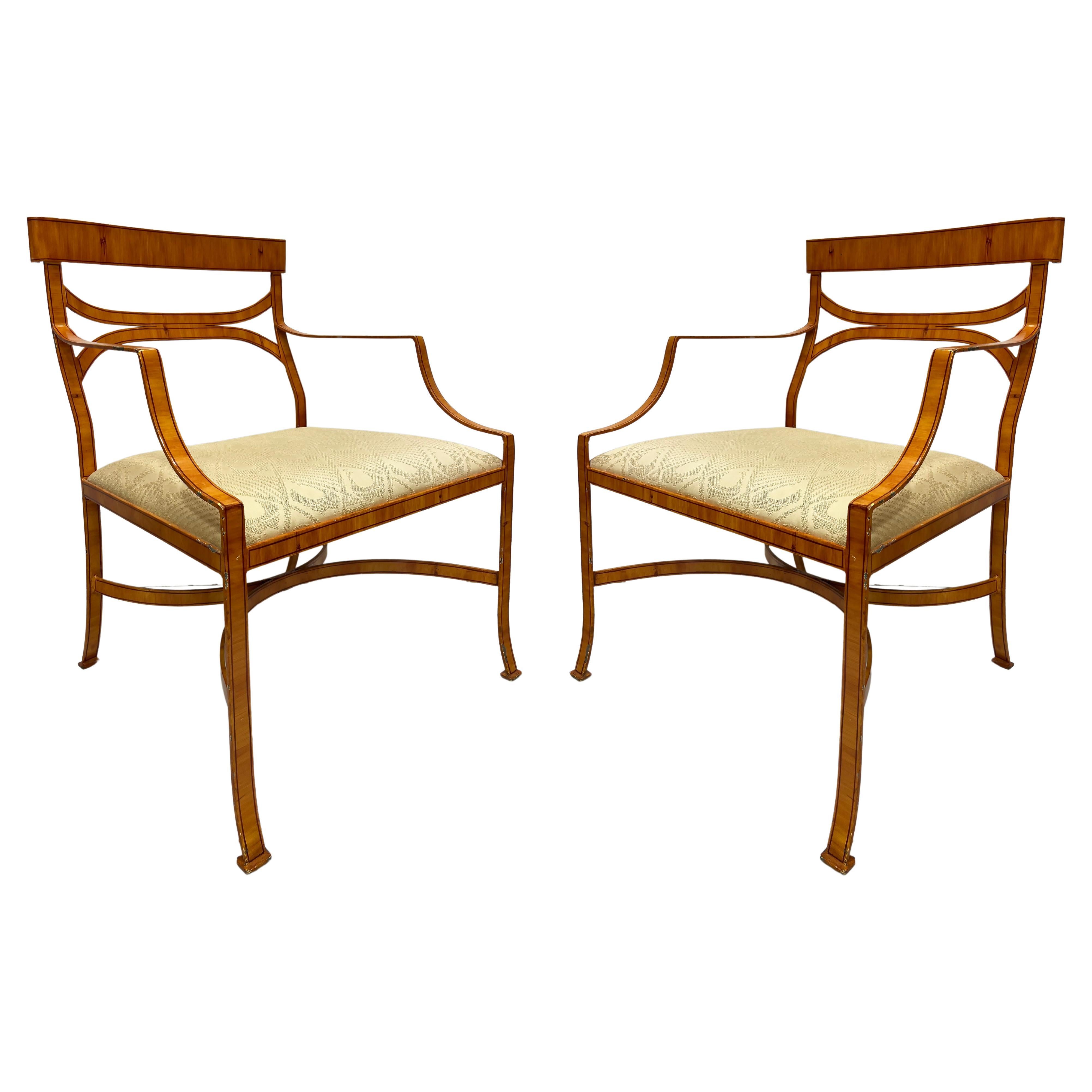 Vintage Iron Trompe-l'œil Woodgrain Armchairs in Biedermeier Style, Pair