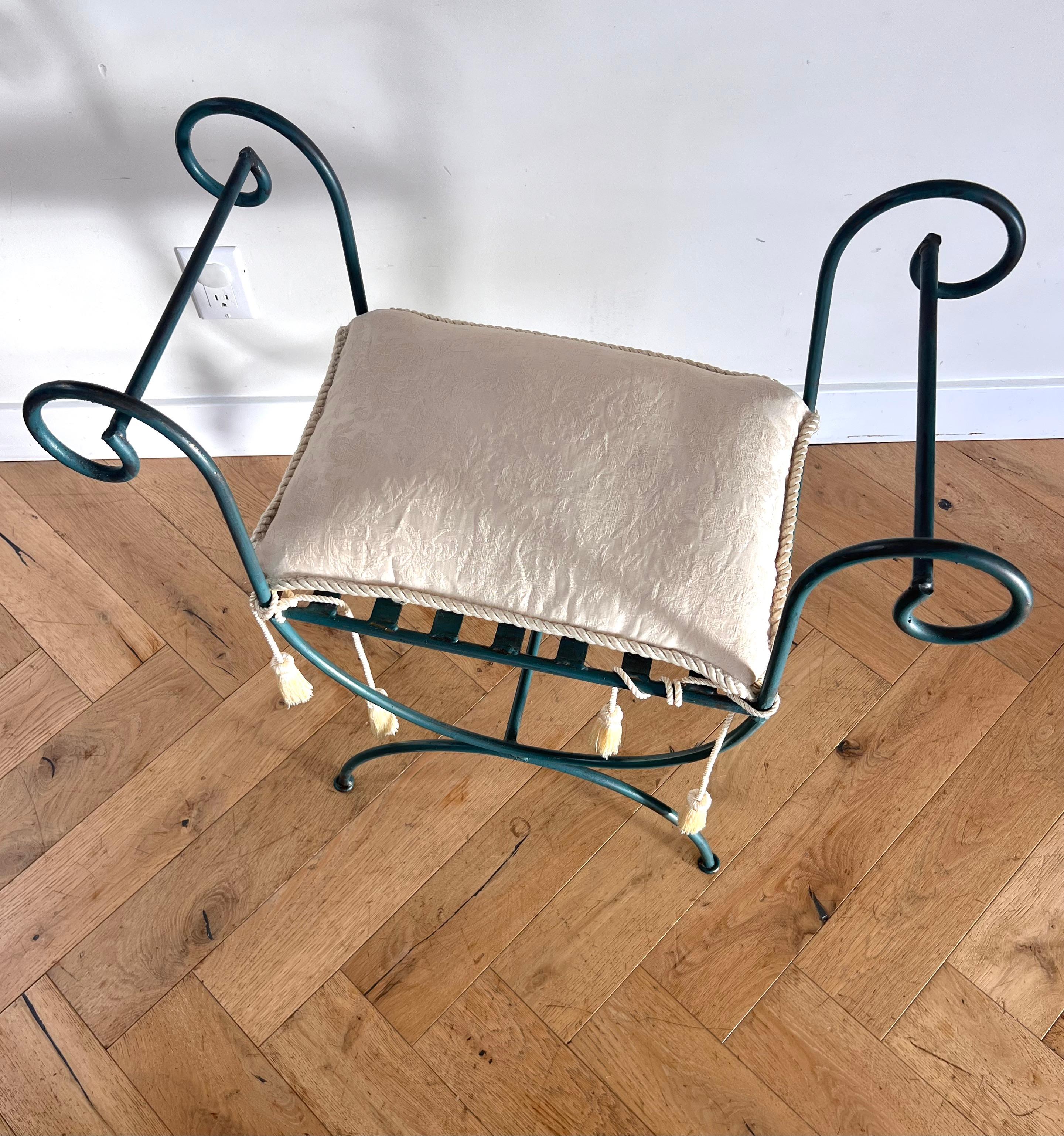 Vintage iron vanity stool with tasseled seat pillow, 20th century 5