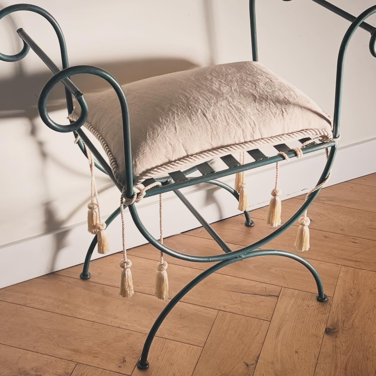 Rococo Vintage iron vanity stool with tasseled seat pillow, 20th century  For Sale