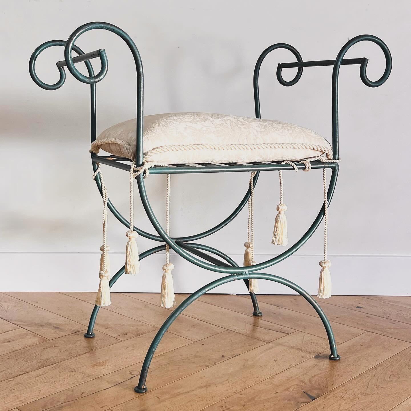 20th Century Vintage iron vanity stool with tasseled seat pillow, 20th century  For Sale