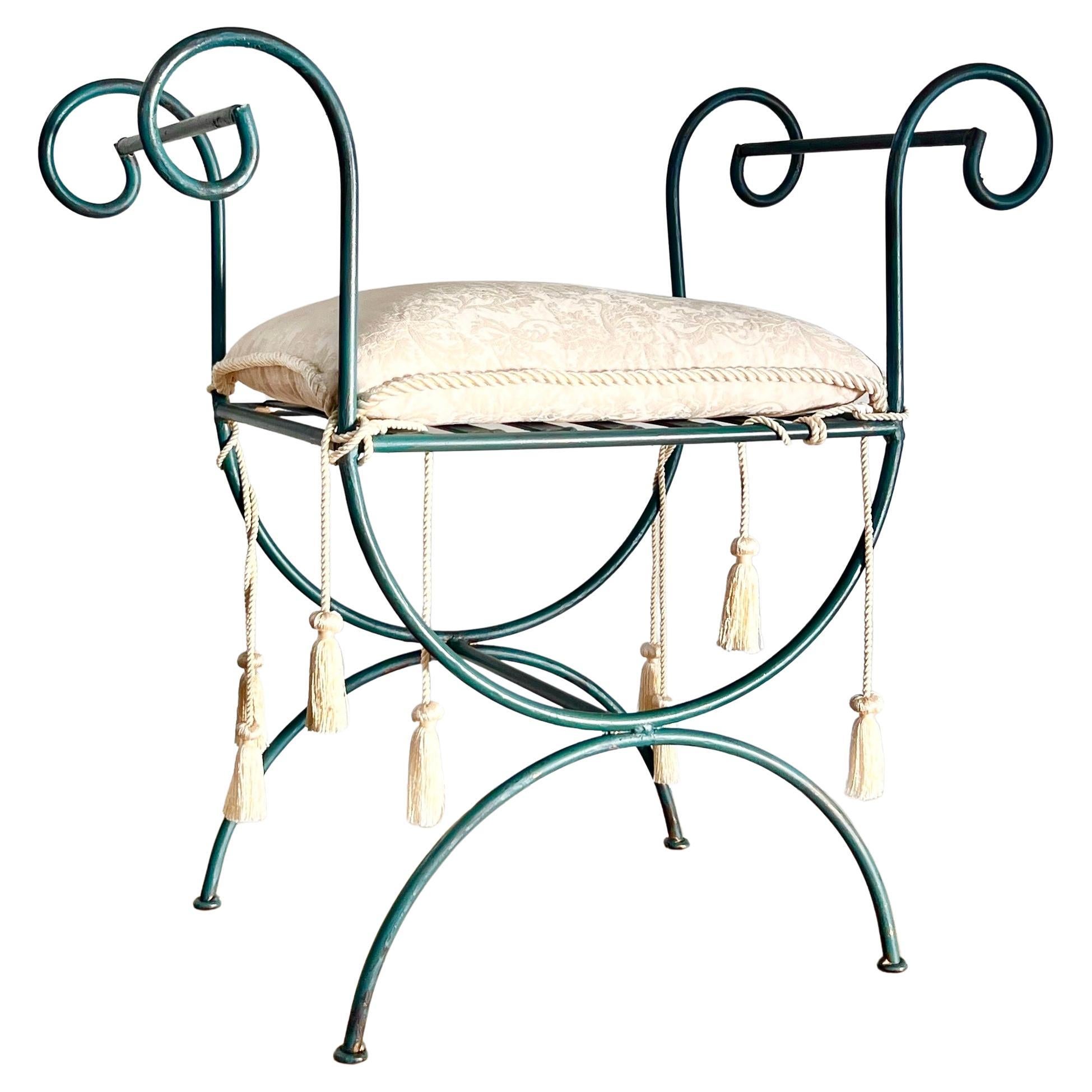 Vintage iron vanity stool with tasseled seat pillow, 20th century  For Sale
