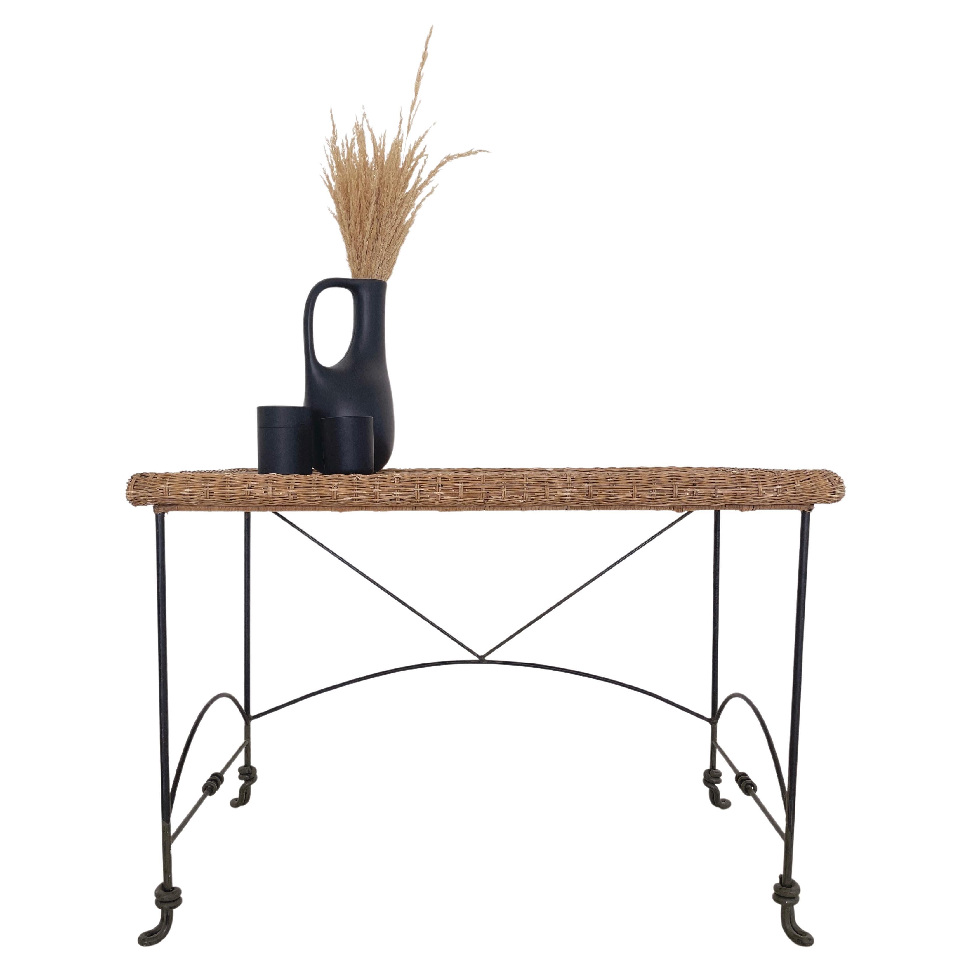 Table console vintage en fer et osier, 2 de 2