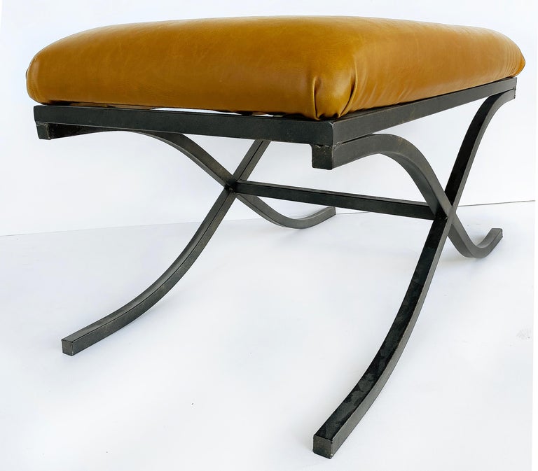 Vintage Iron X-Frame Faux Leather Upholstered Bench For Sale at 1stDibs