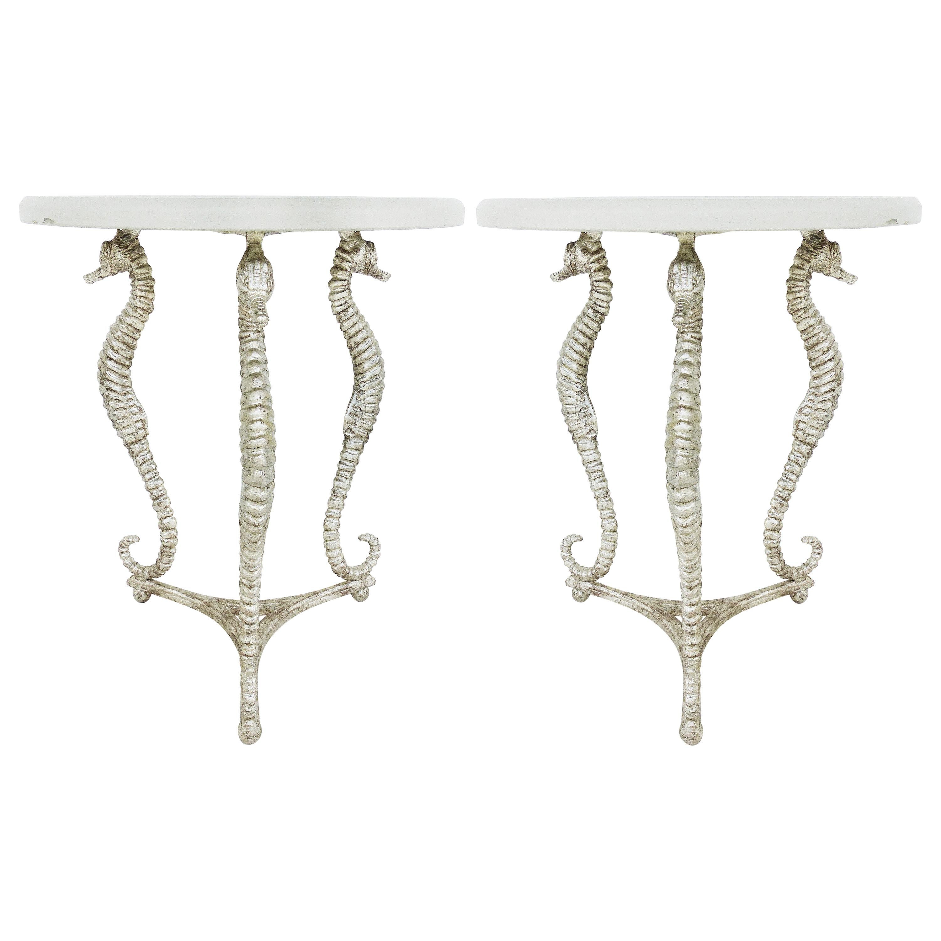 Vintage Ironies Seahorse Silver-Gilt Side Tables with Cast Stone Tops