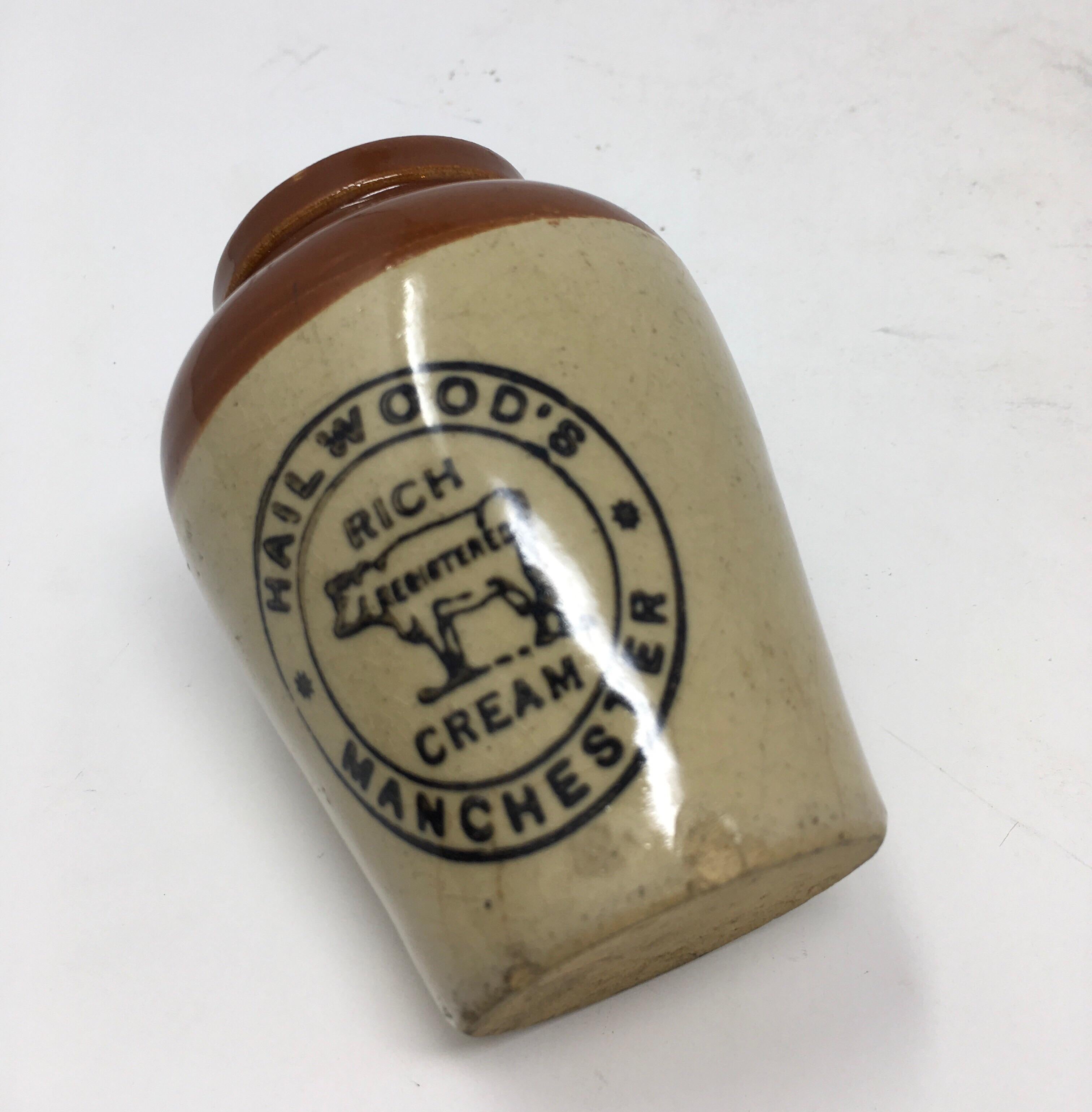 Glazed Vintage Ironstone Hailwood's Manchester Rich Cream Advertising Crock