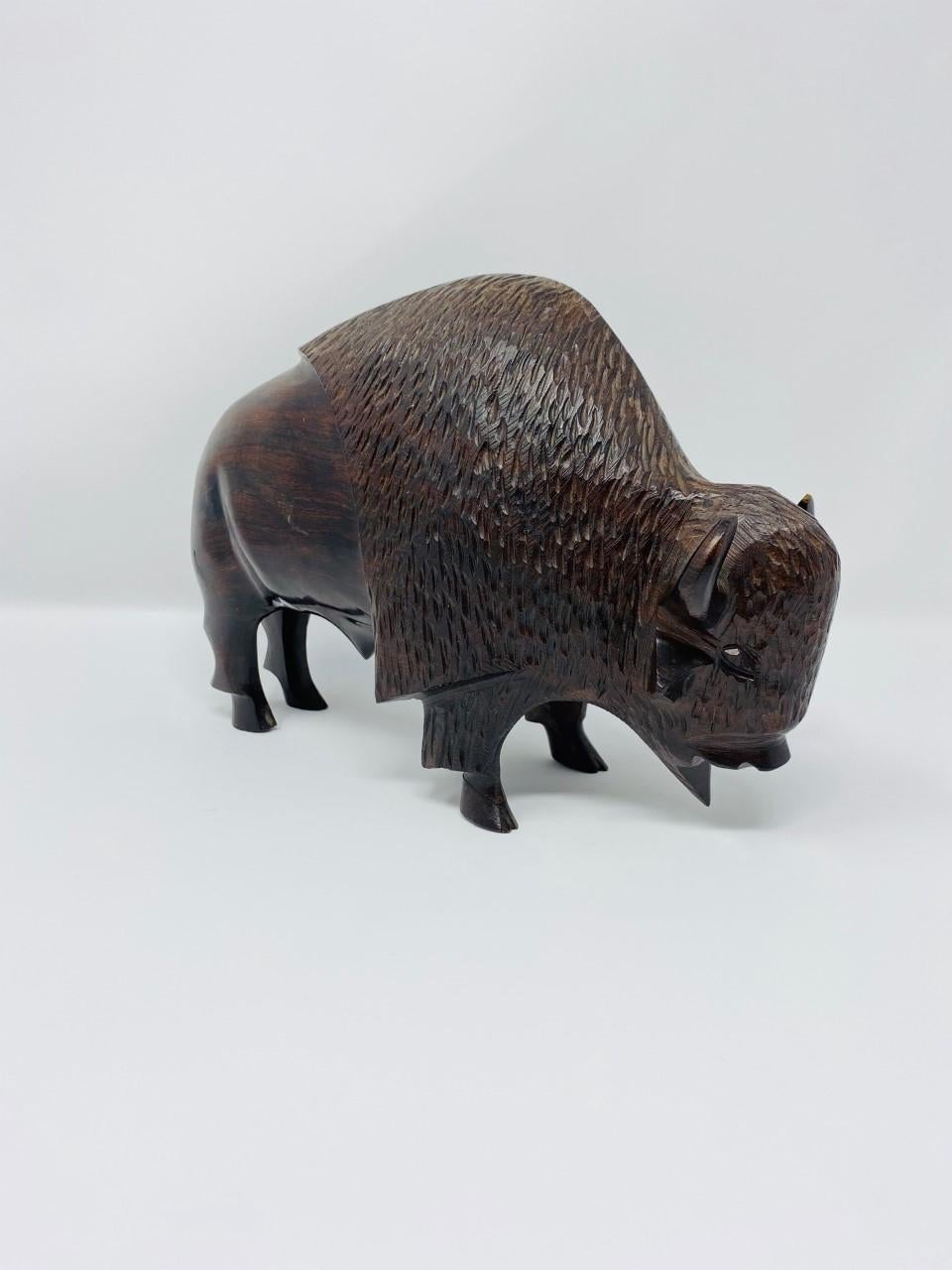 Hand-Carved Vintage Ironwood Buffalo Sculpture
