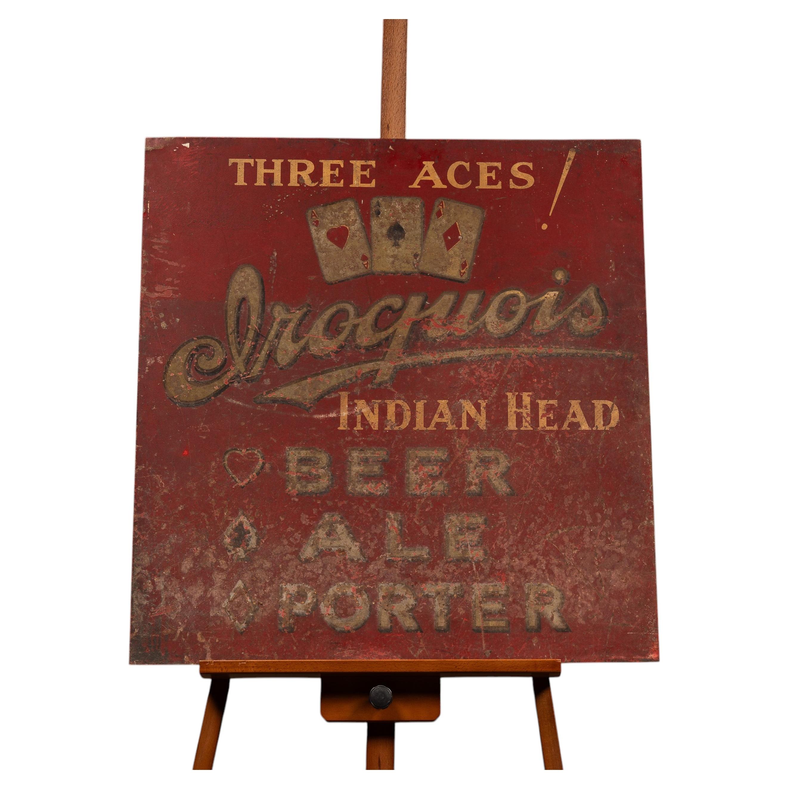 Vintage Iroquois Beer "Three Aces" Painted Tin Sign For Sale