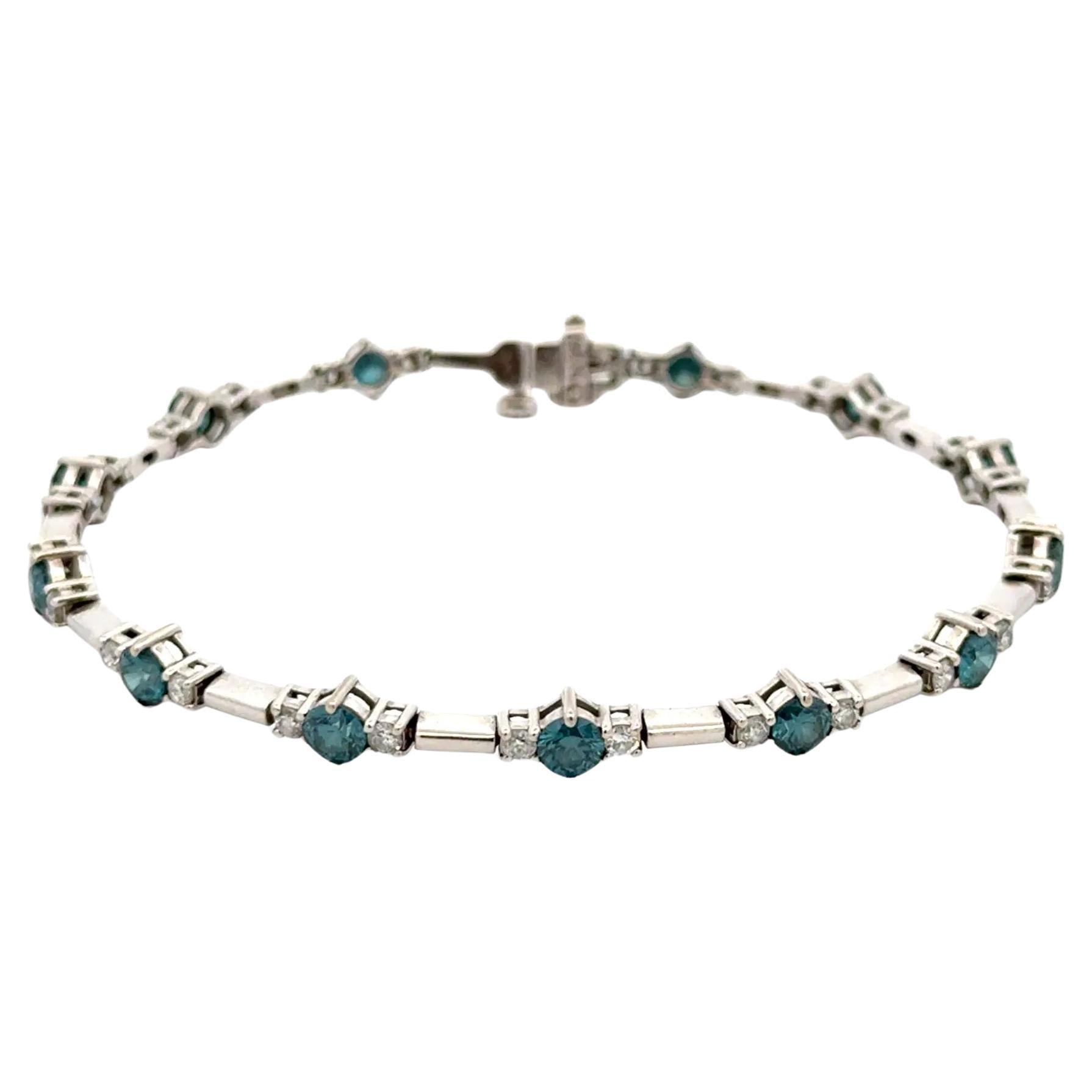 Vintage Irradiated Blue Diamond and RBC Diamond Gold Line Bracelet For Sale