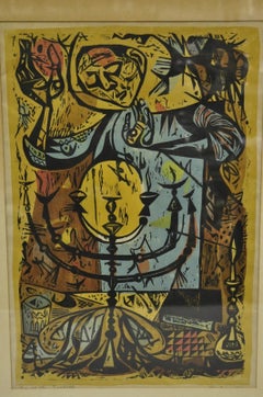 Vintage Irving Amen "Eve of the Sabbath" Woodblock Print Judaica Art, Signed