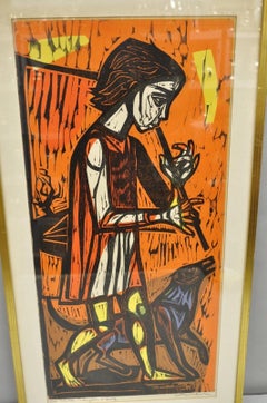 Vintage Irving Amen "Flute Player and Dog" Woodblock Print Judaica Art, Signed