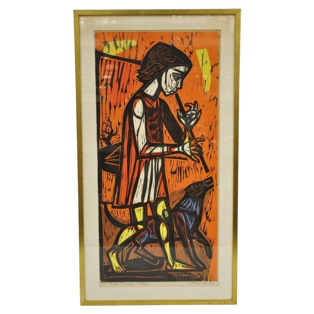 Vintage Irving Amen "Suonatore di flauto e cane" Stampa su legno Arte Giudaica, firmato