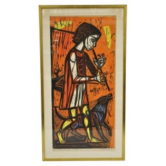Vintage Irving Amen "Flute Player and Dog" Woodblock Print Judaica Art, Signed