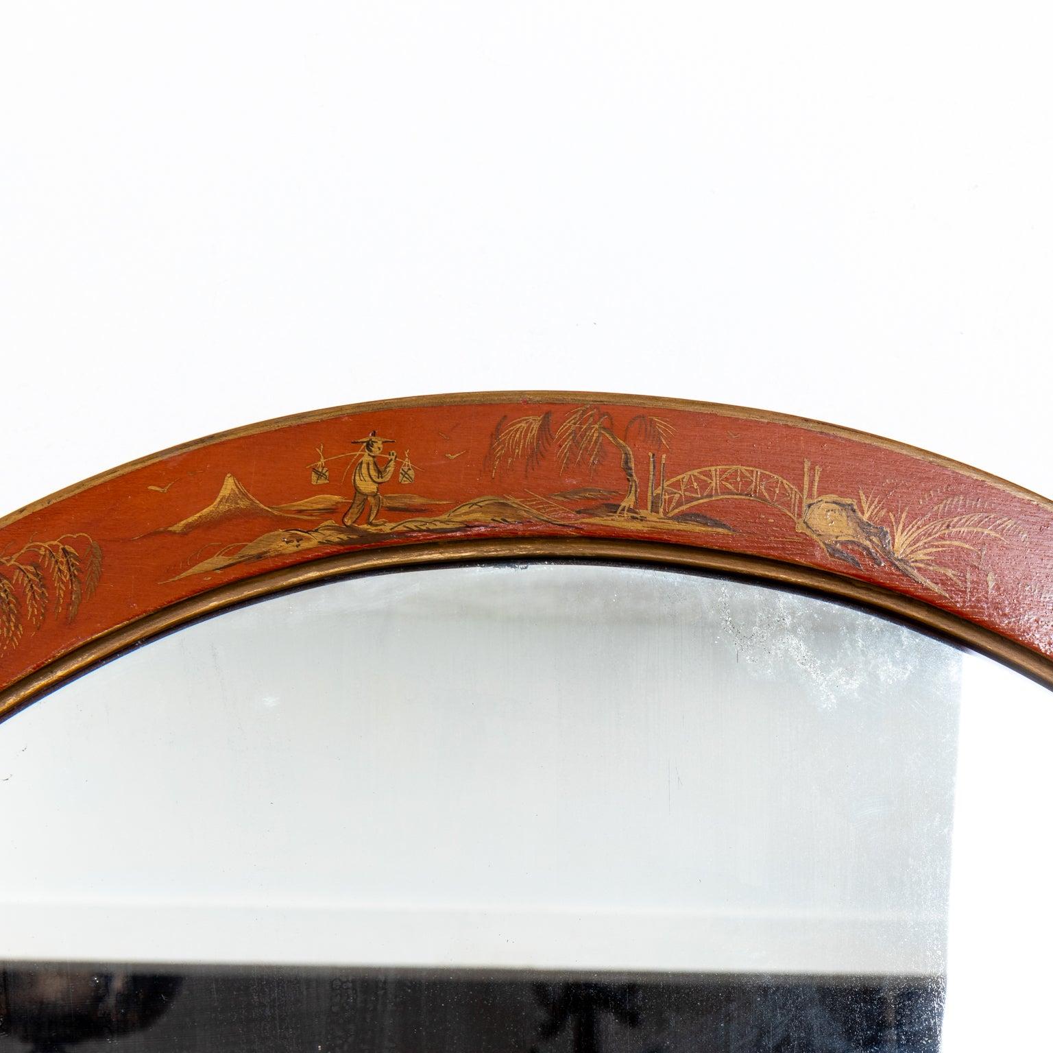 A vintage irving & casson red chinoiserie arched mirror with gilt detail. Circa 1940's and made in USA. Please note of wear consistent with age.
 