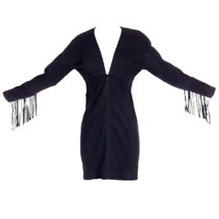 Vintage Isaac Mizrahi Black Suede Mini Dress w Fringe