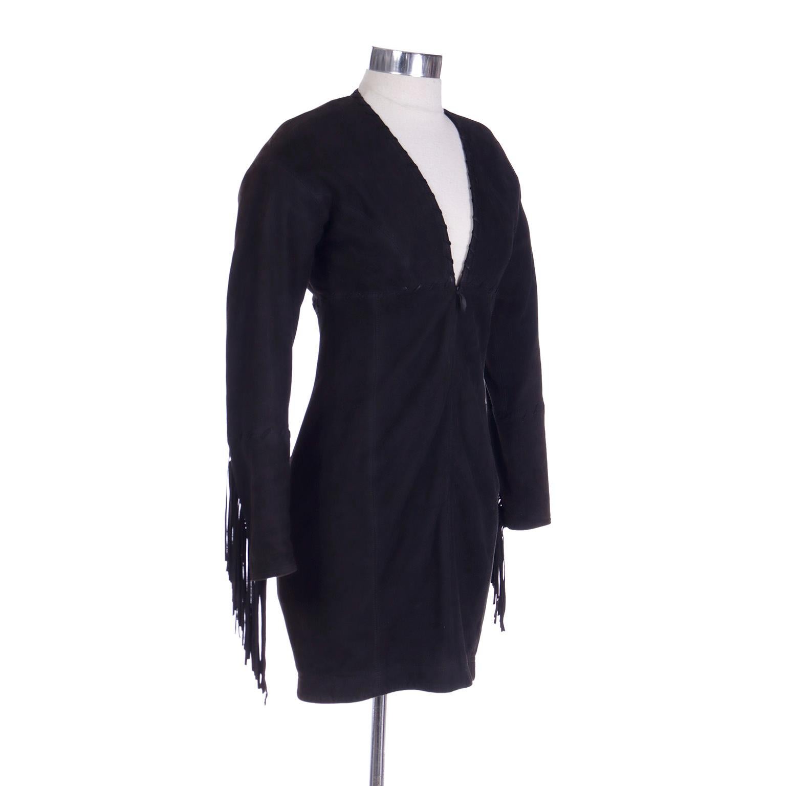 Vintage Isaac Mizrahi Black Suede Mini Dress w Fringe In Good Condition For Sale In Portland, OR