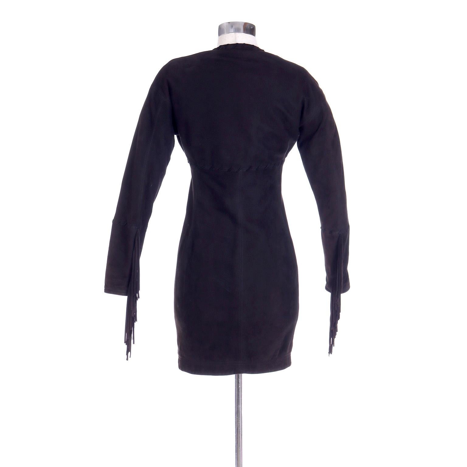 Women's Vintage Isaac Mizrahi Black Suede Mini Dress w Fringe For Sale