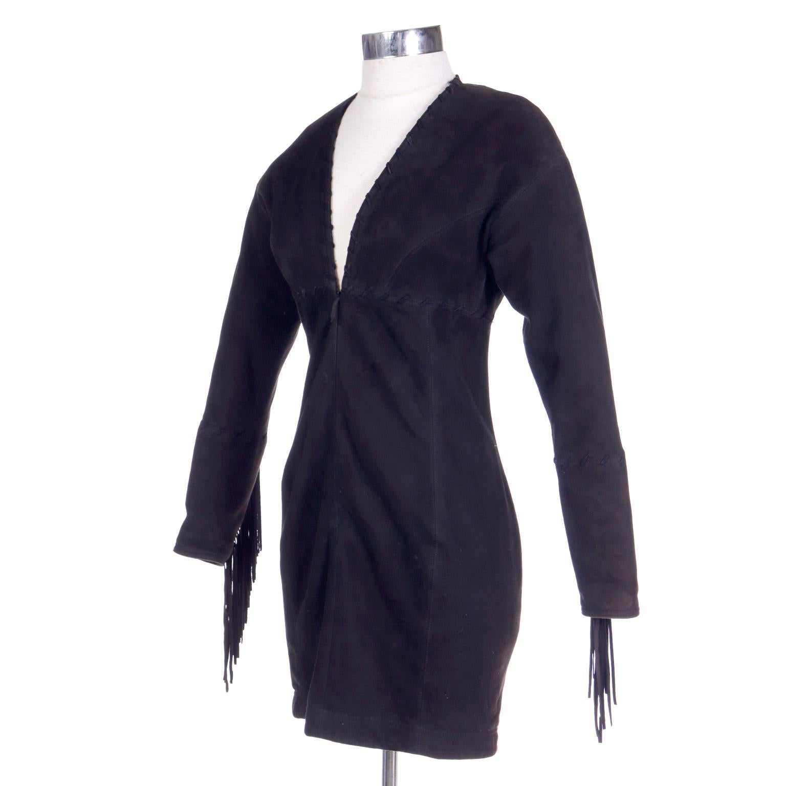 Vintage Isaac Mizrahi Black Suede Mini Dress w Fringe For Sale 1