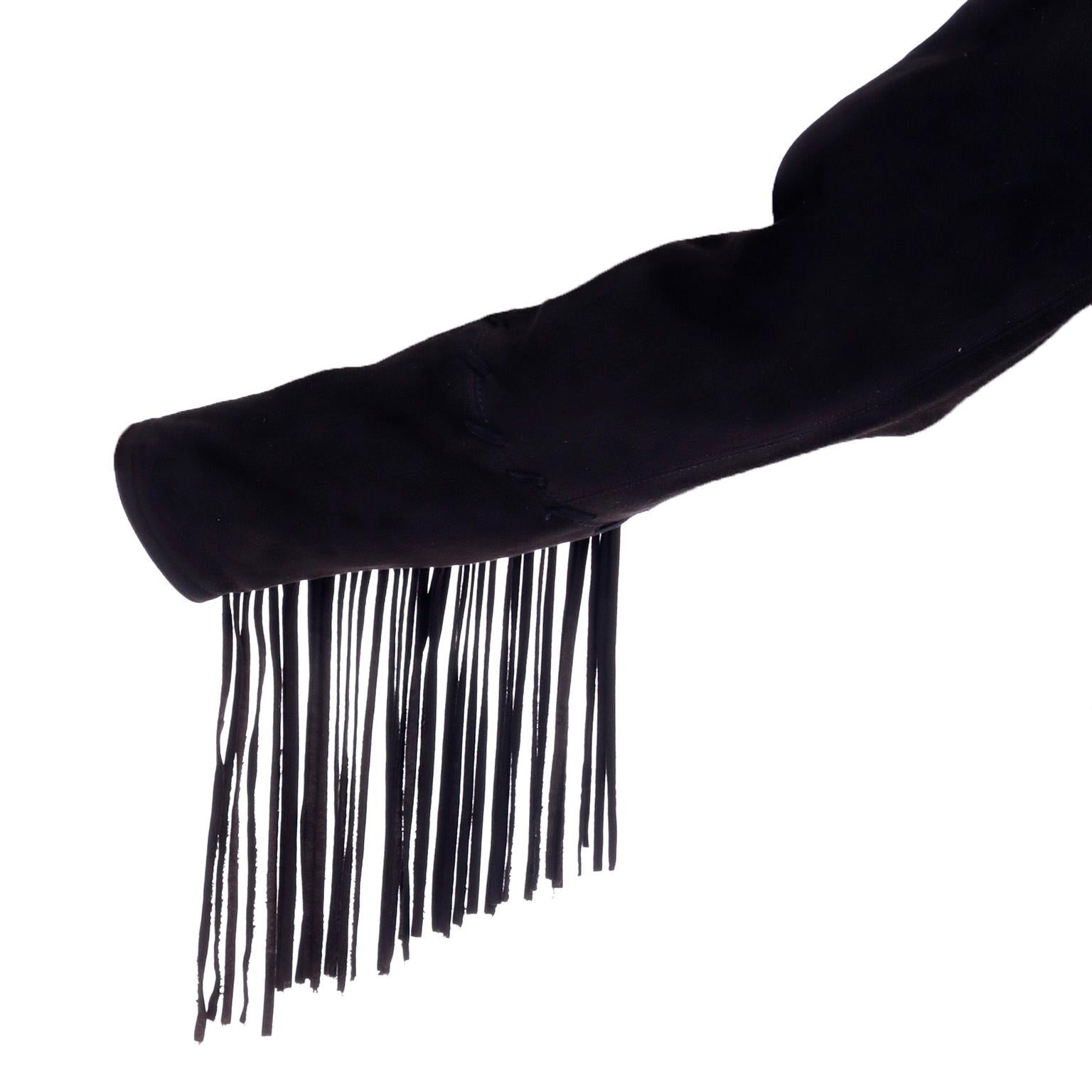 Vintage Isaac Mizrahi Black Suede Mini Dress w Fringe For Sale 2