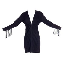 Vintage Isaac Mizrahi Black Suede Mini Dress w Fringe