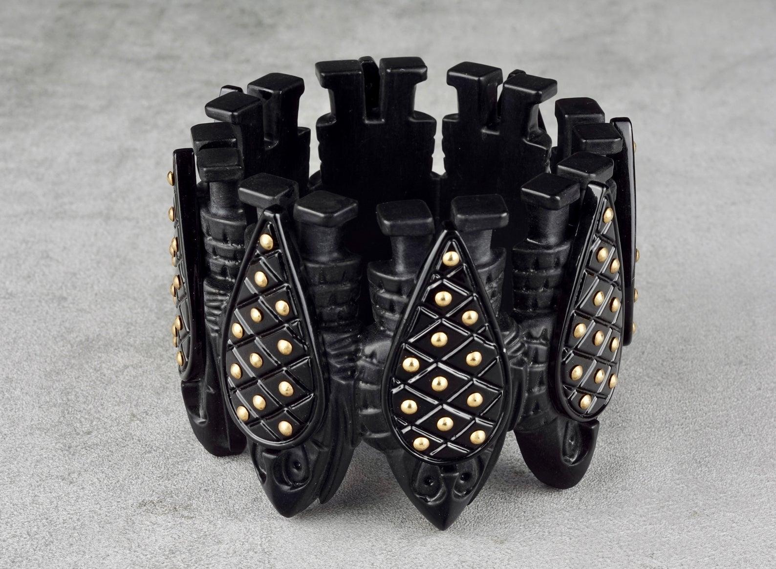 Vintage ISABEL CANOVAS Ethnic Army Studded Carved Bracelet For Sale 3