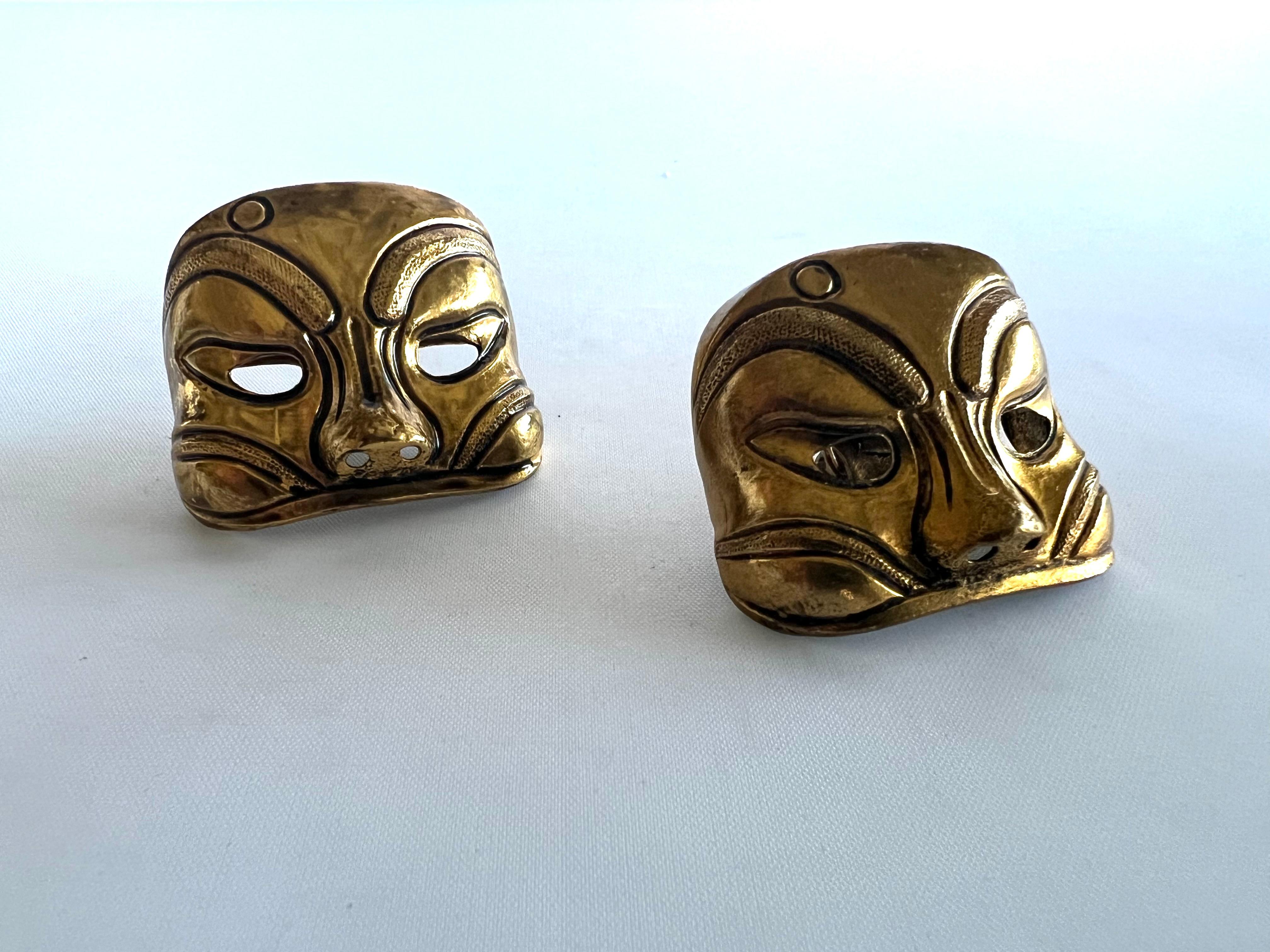 Vintage Isabel Canovas Gilt Mask Earrings In Excellent Condition For Sale In Palm Springs, CA