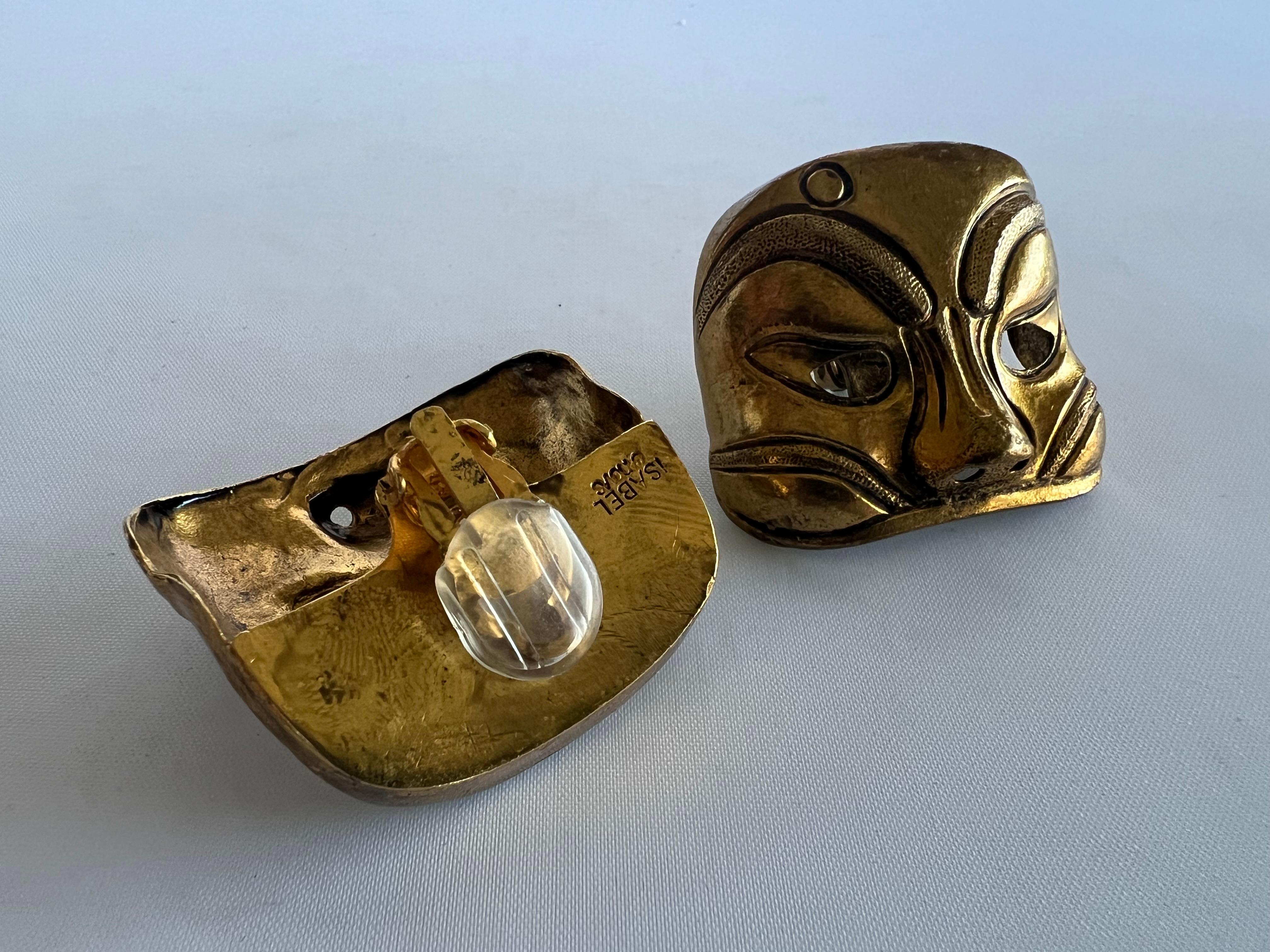 Vintage Isabel Canovas Boucles d'oreilles masque doré en vente 1