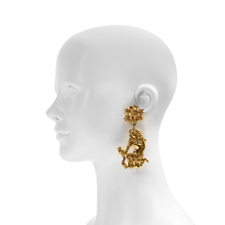 Artist Vintage Isabel Canovas Gold Dangling Girl or Mythical Creature Earrings For Sale