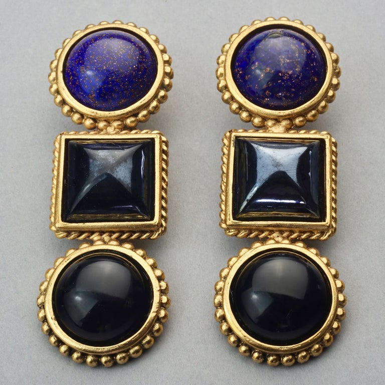 Boucles D'oreilles Vintage Isabel Canovas - Or Et Bleu - Occasion