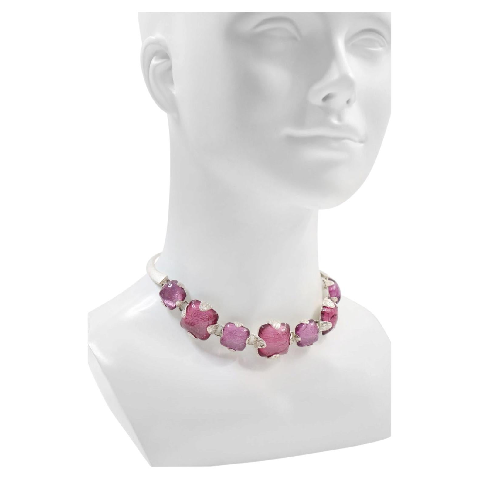 Vintage Isaky Paris Art Deco Silvertone Pink Resin Choker Necklace, Circa 1990s For Sale