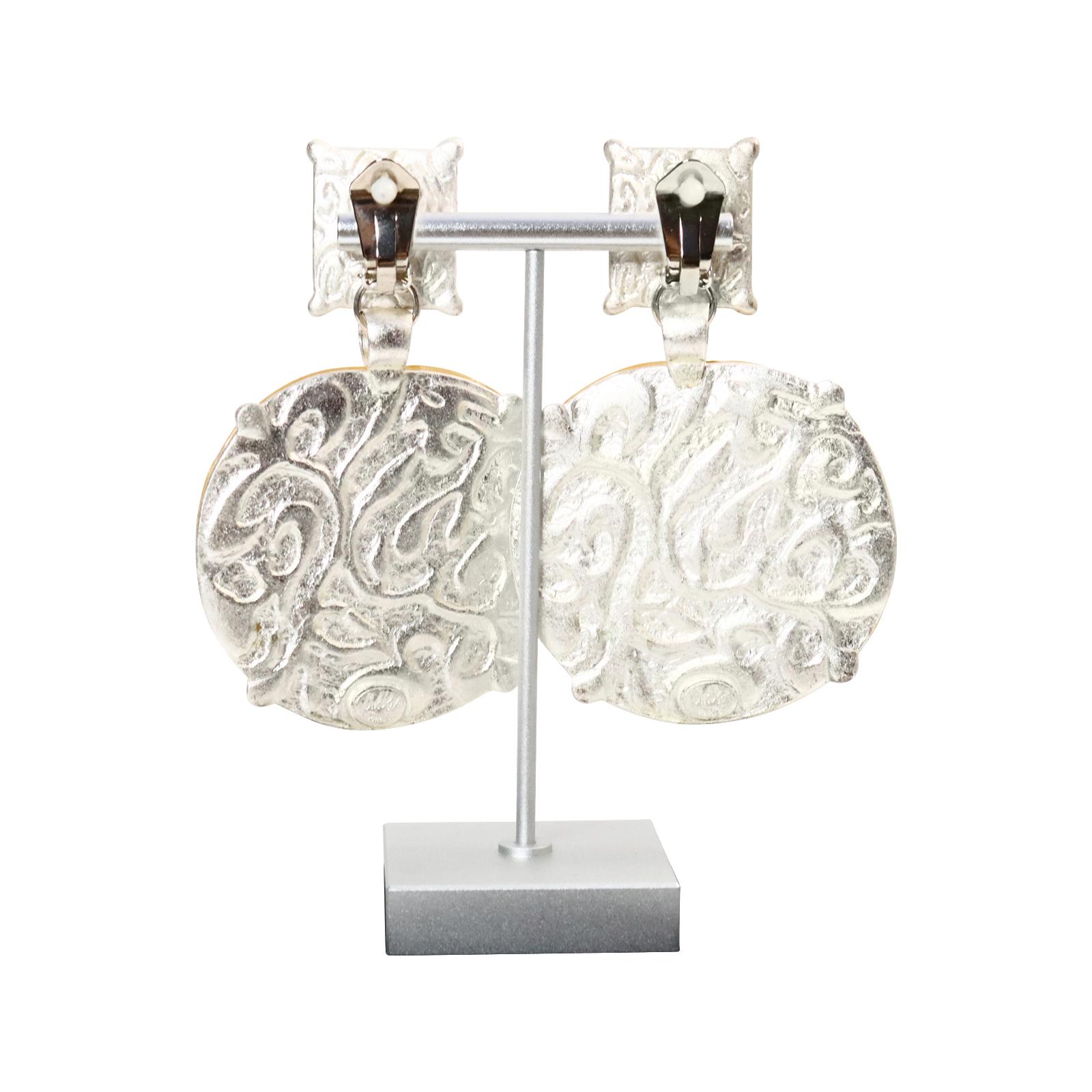 Vintage Isaky Paris Art Deco Silvertone Resin Earrings, circa 1990s For Sale 2